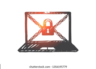 Computer, protection, access, data, lock concept. Hand drawn computer protected with lock concept sketch. Isolated vector illustration.