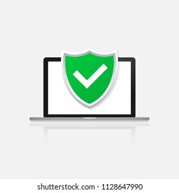 Computer protection icon isolated on color background, flat cartoon laptop protected with shield symbol, idea of pc security, firewall technology, privacy safety clipart image.