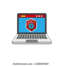 Computer protection icon - laptop protected with shield symbol