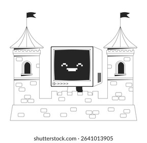 Computer protection line illustration concept. Cybersecurity stronghold firewall. CRT monitor protected in digital fortress towers outline 2D composition isolated. Ink linear metaphor vector art