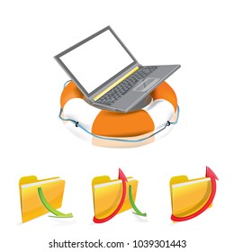 Concepto de protección y seguridad informática: salvavidas en una laptop.