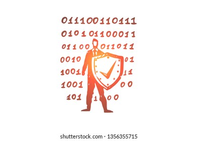 Computer, protection, security, data, shield concept. Hand drawn man with shield, computer data protection concept sketch. Isolated vector illustration.
