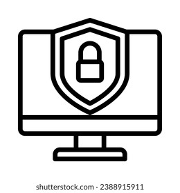 Computer with protection shield icon. Concept of Cyber security. Outline style. Vector. Isolate on white background.