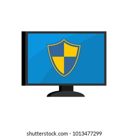 Computer protection. Shield on monitor. PC Reliable protection against viruses. Vector illustration