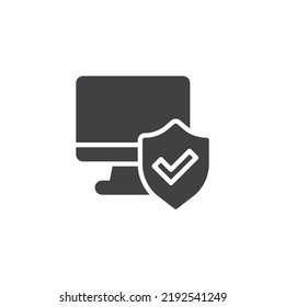 Computer protection vector icon. filled flat sign for mobile concept and web design. PC monitor and shield glyph icon. Symbol, logo illustration. Vector graphics