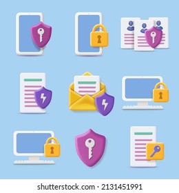 Computer protection vector icons. Cybersecurity, digital security concepts. Business data protection symbols, 3d collection.