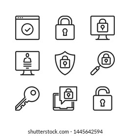 Computer protection vector line icons. Cybersecurity, computer security concepts. Simple outline symbols, modern linear graphic elements collection. Line icons set