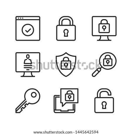 Computer protection vector line icons. Cybersecurity, computer security concepts. Simple outline symbols, modern linear graphic elements collection. Line icons set