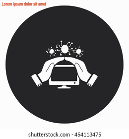 Computer protection web icon. Gray circle button with white illustration.