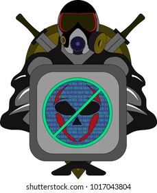 computer protector, stands in the background in a gas mask