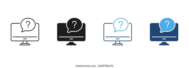 Computer With Question Mark Icon Set. Technical Support, It Help, And Online Assistance Outline And Silhouette Symbol Collection. Customer Service And Troubleshooting. Isolated Vector Illustration.