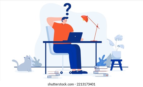 Computer question and work problem - Person sitting at desk with laptop having trouble, scratching head with question mark. Flat design vector illustration with white background