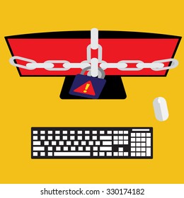 Computer with ransomware encrypted file on victim computer. Virus computer flat design vector illustration.