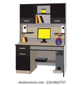 Computer and reading table  Bookshelfs, work desk, chair, fashion table, vector white background. Laptop with  work desk, on  with and  table style vector illustration.