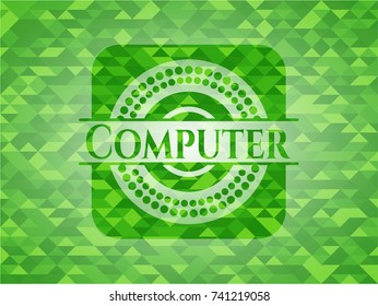 Computer realistic green emblem. Mosaic background