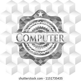 Computer realistic grey emblem with geometric cube white background