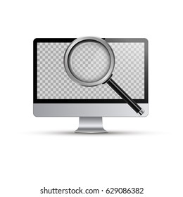 Computer and Realistic Magnifying glass.Vector illustration.Computer pc with transparent screen for your image.3d vector mock up.Analytics, search, discovery, examine, study concept.Isolated on white.