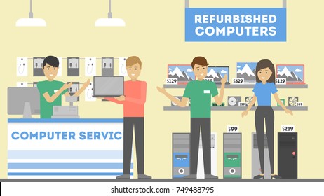 Computer reapir service. People bring broken software. Selling refurbished computers.