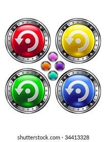 Computer refresh icon on round colorful vector buttons suitable for use on websites, in print materials or in advertisements.  Set includes red, yellow, green, and blue versions.