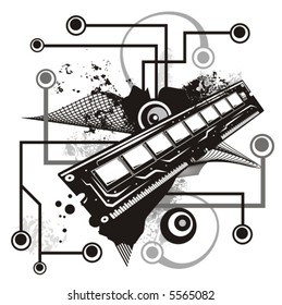 Serie de fondo abstracto relacionada con el equipo. Ilustración vectorial con memoria RAM, y detalles de circuito y sonido.