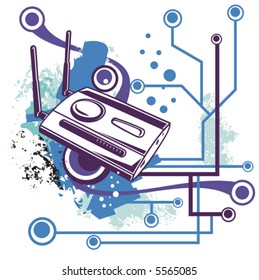 Computer related abstract background series. Vector illustration with a wireless network router, and circuit and grunge details.