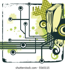 Computer related abstract background series. Vector illustration with a desktop computer, and circuit and grunge details.