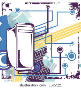 Computer related abstract background series. Vector illustration with a computer case, and circuit and grunge details.