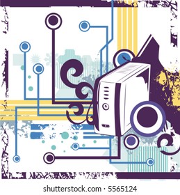 Computer related abstract background series. Vector illustration with a computer case, and circuit and grunge details.