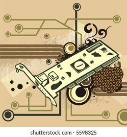 Computerbezogene abstrakte Hintergrundserie. Vektorgrafik mit einem PCI-Modem und Einzelheiten zu Schaltungen und Geräuschen.