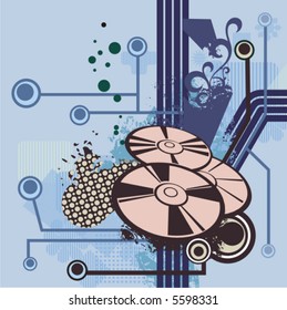 Computer related abstract background series. Vector illustration with compact disks, and circuit and grunge details.
