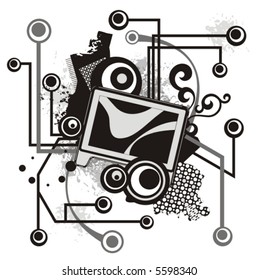 Computer related abstract background series. Vector illustration with a flat monitor, and circuit and grunge details.