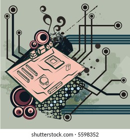 Serie de fondo abstracto relacionada con el equipo. Ilustración vectorial con placa principal, y detalles de circuito y sonido.