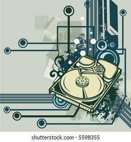 Computer related abstract background series. Vector illustration with a hard disk drive, and circuit and grunge details.