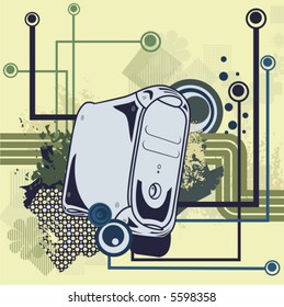 Serie de fondo abstracto relacionada con el equipo. Ilustración vectorial con un estuche informático y detalles de circuito y de grifo.