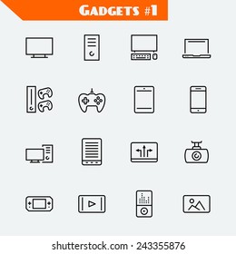 Computer and related gadgets icon set: monitor, case, monoblock, laptop, console, gamepad, tablet, smartphone, pc, reader, navigator, recorder, portable console, hd player, mp3 player, photo frame