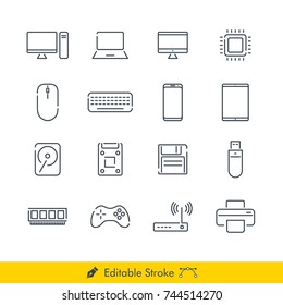 Computer Related Icons / Vectors Set - In Line / Stroke Design with Editable Stroke