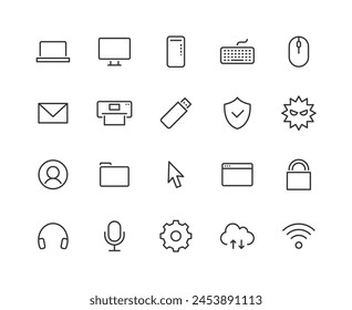 Computer related line drawing icon set.