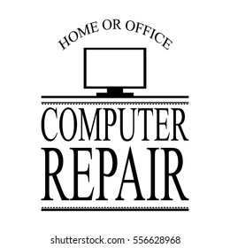 computer repair ad sign vector with large black letters and computer monitor silhouette in  retro vintage style layout
