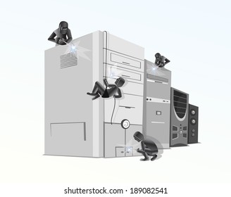 computer repair and adjustment of professional artists (stylized vector illustration)