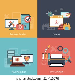 Computer repair and  antivirus protection software installation service flat icons infographics with laser toner isolated vector illustration