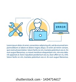 Computer repair article page vector template. PC technician service. Brochure, magazine, booklet design element with linear icons and text boxes. Print design. Concept illustrations with text space