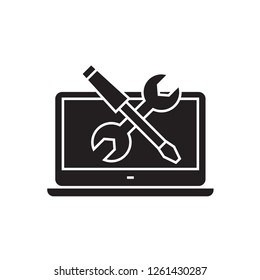 Computer repair black vector concept icon. Computer repair flat illustration, sign