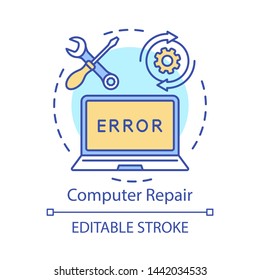 Computer repair concept icon. Home service for electronic devices idea thin line illustration. Operating system reinstall. Laptop refit. Vector isolated outline drawing. Editable stroke