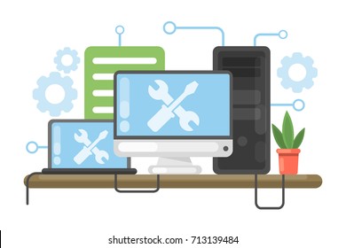 Computer repair concept. Laptop and computer screen with working tools.