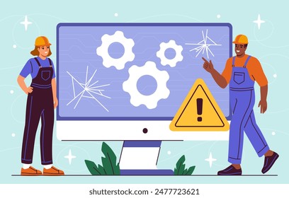 Computerreparaturkonzept. Männer in Schutzuniform mit Hüten in der Nähe von Computerbildschirm. Reparateur mit Werkzeugen und defektem PC-Display. Reparatur für digitale Geräte. Cartoon flache Vektorillustration