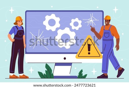 Computer repair concept. Men in protective uniform with hats near computer monitor. Repairman with tools and broken pc display. Digital Device Repair Service. Cartoon flat vector illustration
