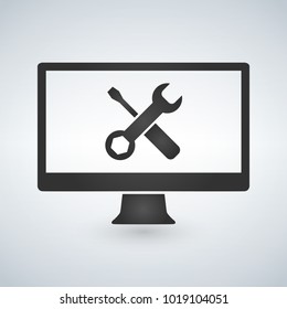 Computer repair concept. Computer screen with working tools.