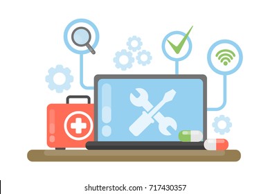 Computer repair concept. Computer screen with working tools.