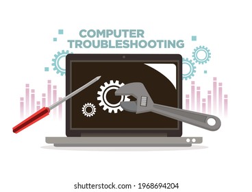 Computer repair concept working on laptop computer with tools against digital data background. Computer troubleshooting. Vector illustration.