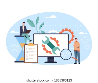 Computer repair diagnostic recovery concept. Vector flat cartoon graphic design illustration